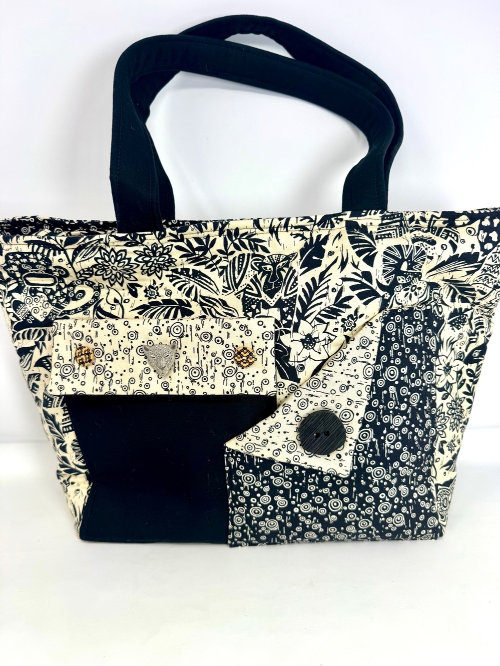 Patchwork Tote Bag Black and WhitPatchwork Tote Bag Black and White Floral Print
